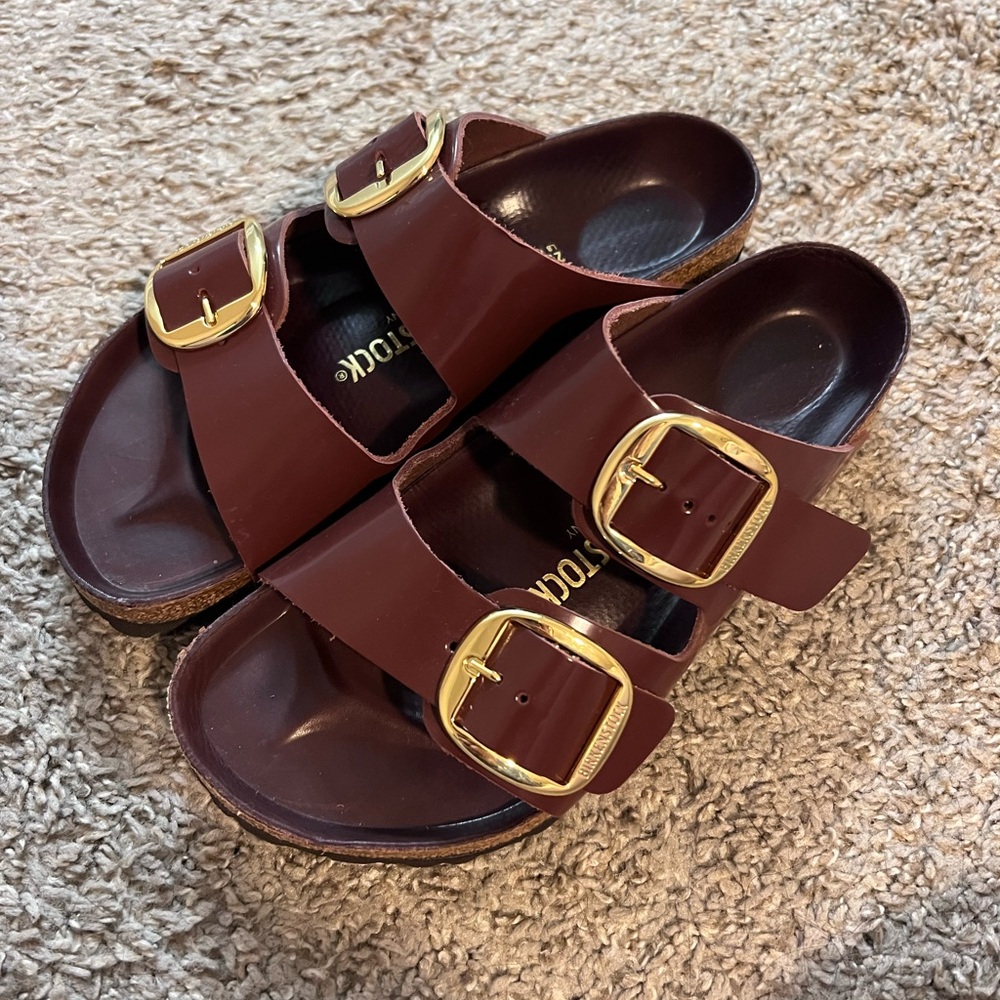 Brown Birkenstocks with Gold Buckles